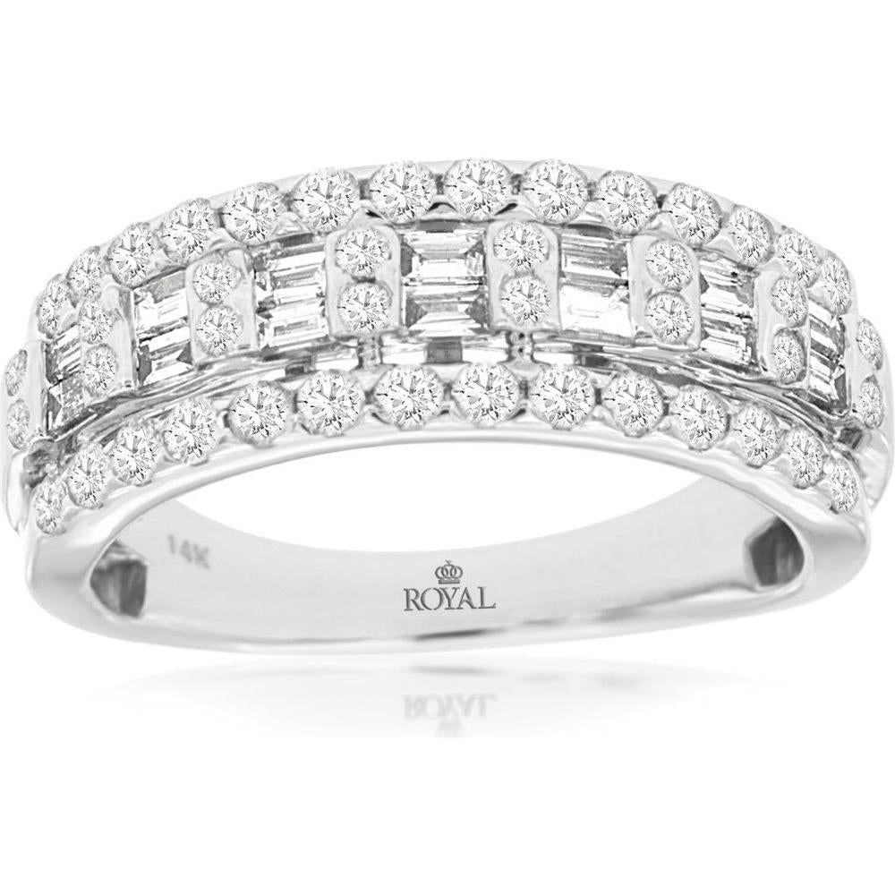 14K White Gold Diamond Wedding Band with Round and Baguette Diamonds - 1.00 Carat Total Diamond Weight - Royal Jewelry