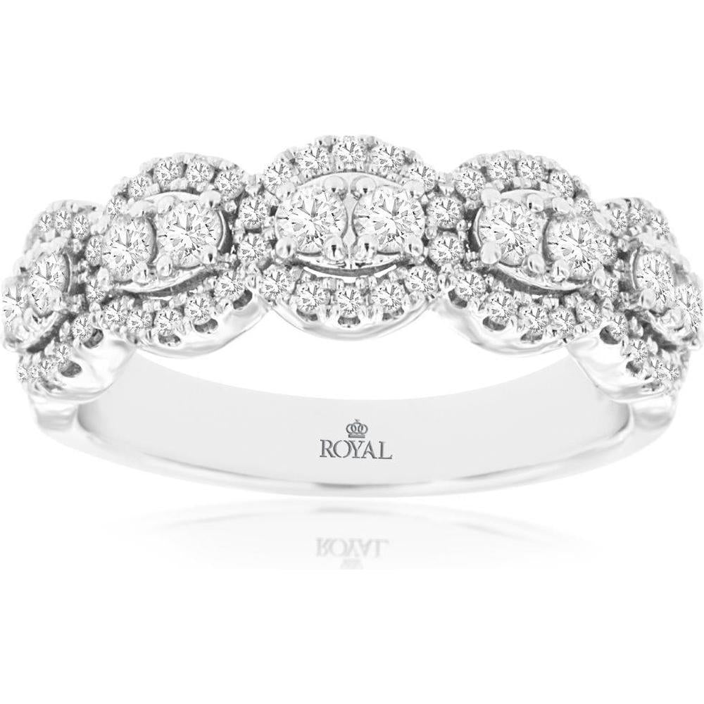 14K White Gold Diamond Wedding Band with Round Brilliant Diamond Cluster Halo Design - 0.75 Carat Total Diamond Weight - Royal Jewelry
