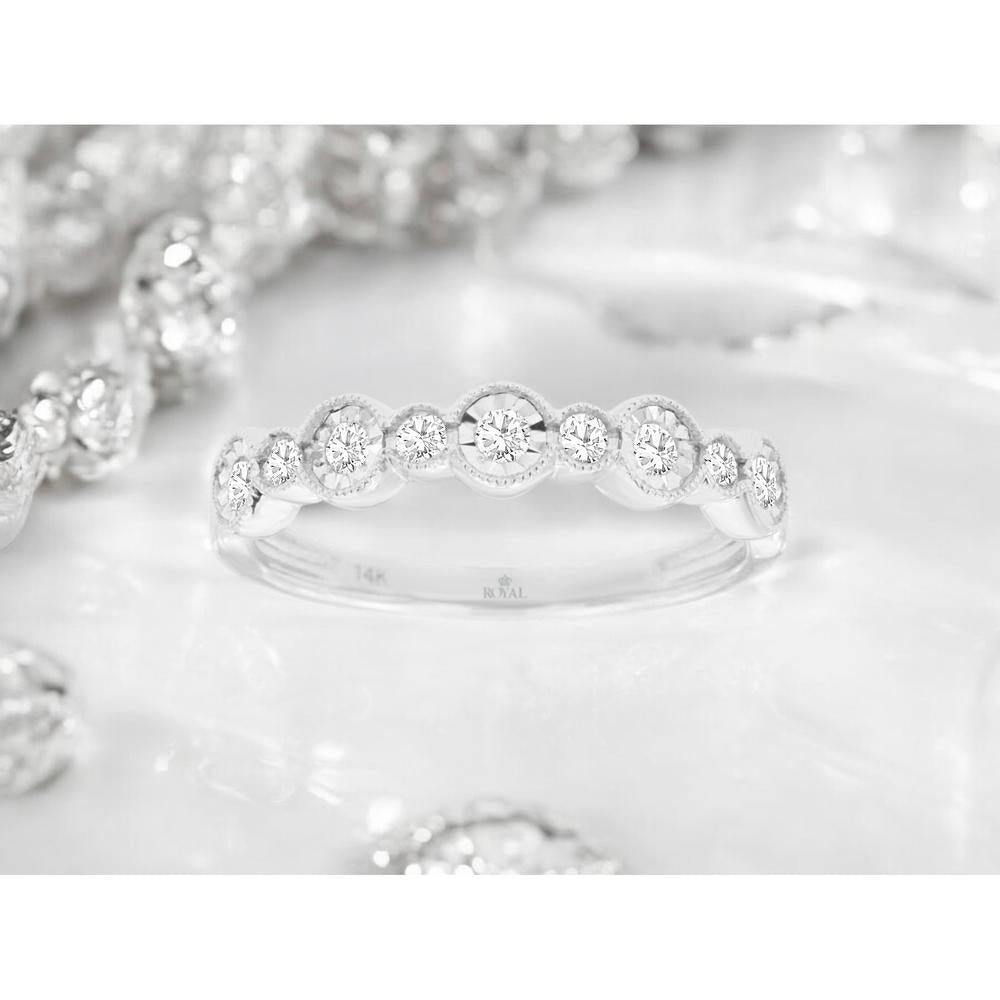 14K White Gold Diamond Wedding Band with Round Diamonds and Milgrain-Inspired Circle Stations - 0.25 Carat Total Diamond Weight - Royal Jewelry