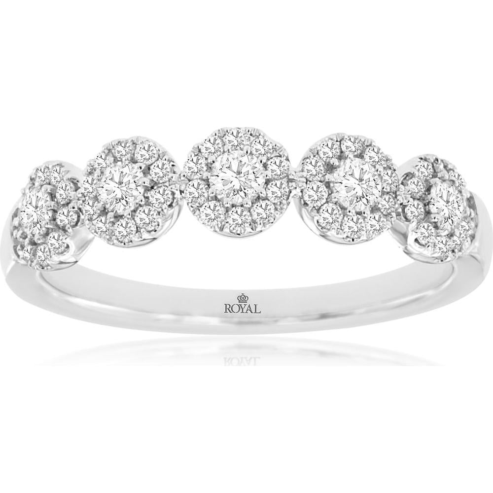 14K White Gold Diamond Wedding Band with Round Halo Diamond Stations - 0.50 Carat Total Diamond Weight - Royal Jewelry