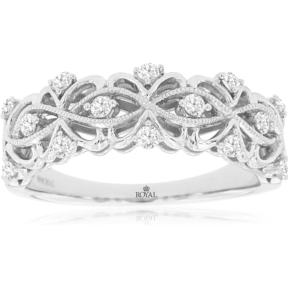 14K White Gold Diamond Wedding Band with Swirling Design and Milgrain Detail - 0.25 Carats Total Diamond Weight
