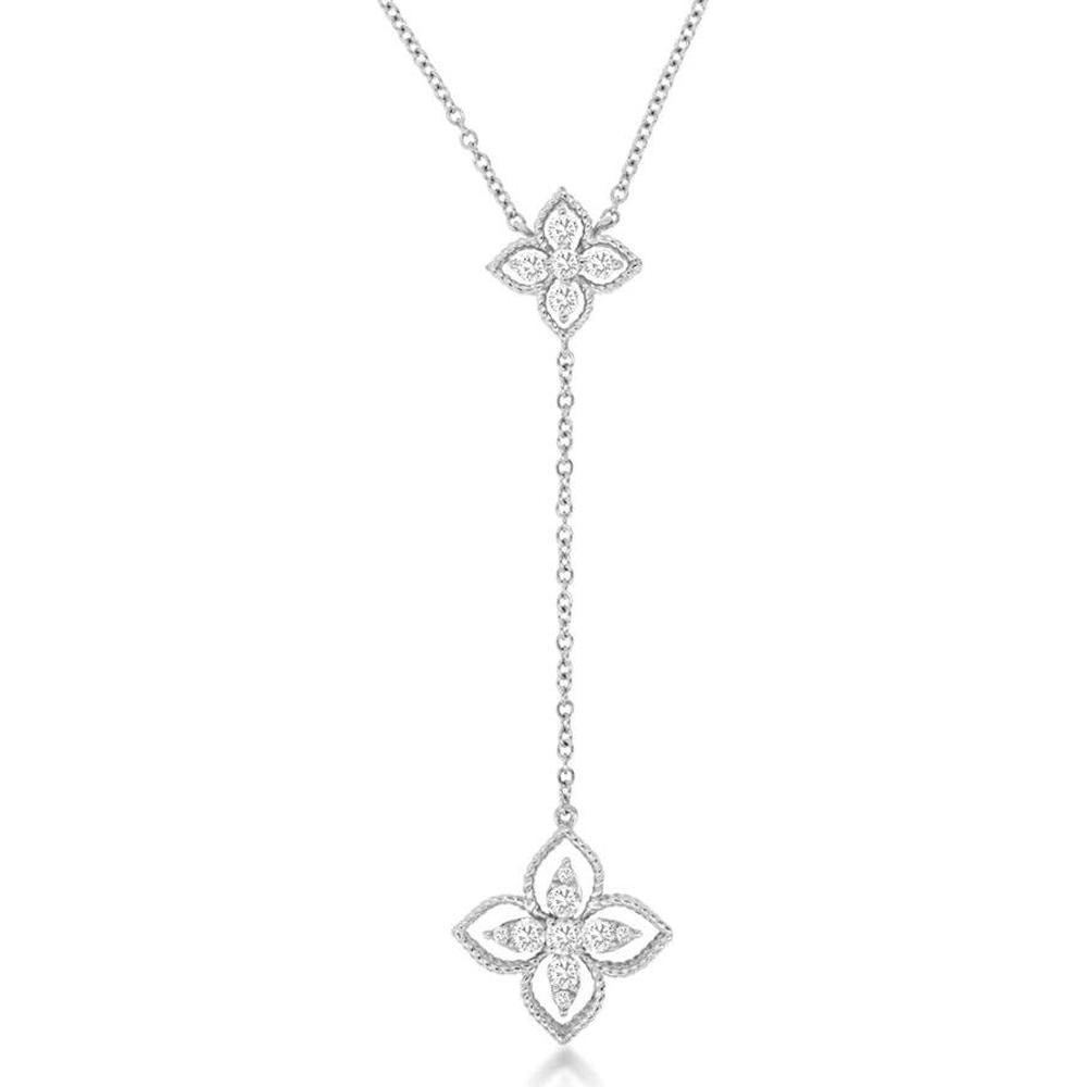 14K White Gold Diamond Y-Drop Necklace with Floral Milgrain Motifs - 0.31 Carat Total Diamond Weight - Royal Jewelry