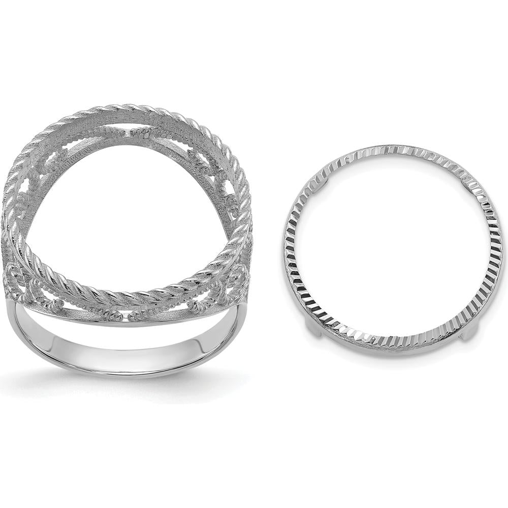 14K White Gold Distinguished Coin Ring with Polished Diamond-cut and Twisted Wire Design - Holds 1/10 oz. American Eagle Coin by Numis Coin Jewelry