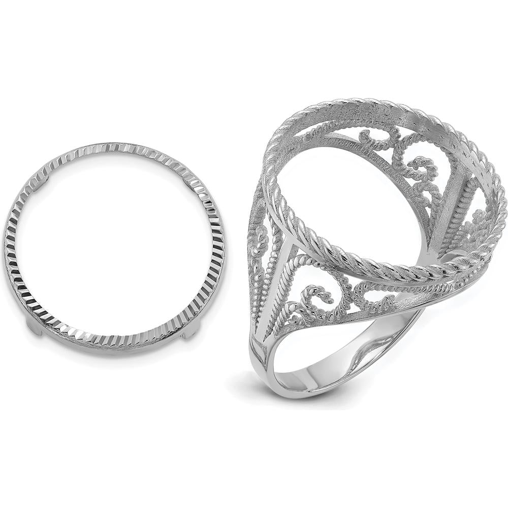 14K White Gold Distinguished Coin Ring with Polished Diamond-cut and Twisted Wire Design - Holds 1/10 oz. American Eagle Coin by Numis Coin Jewelry