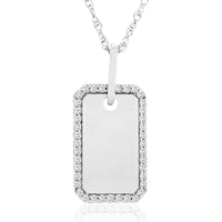14K White Gold Dog Tag Pendant with Halo-Set Round Diamonds - 0.16 Carat Total Diamond Weight - Royal Jewelry