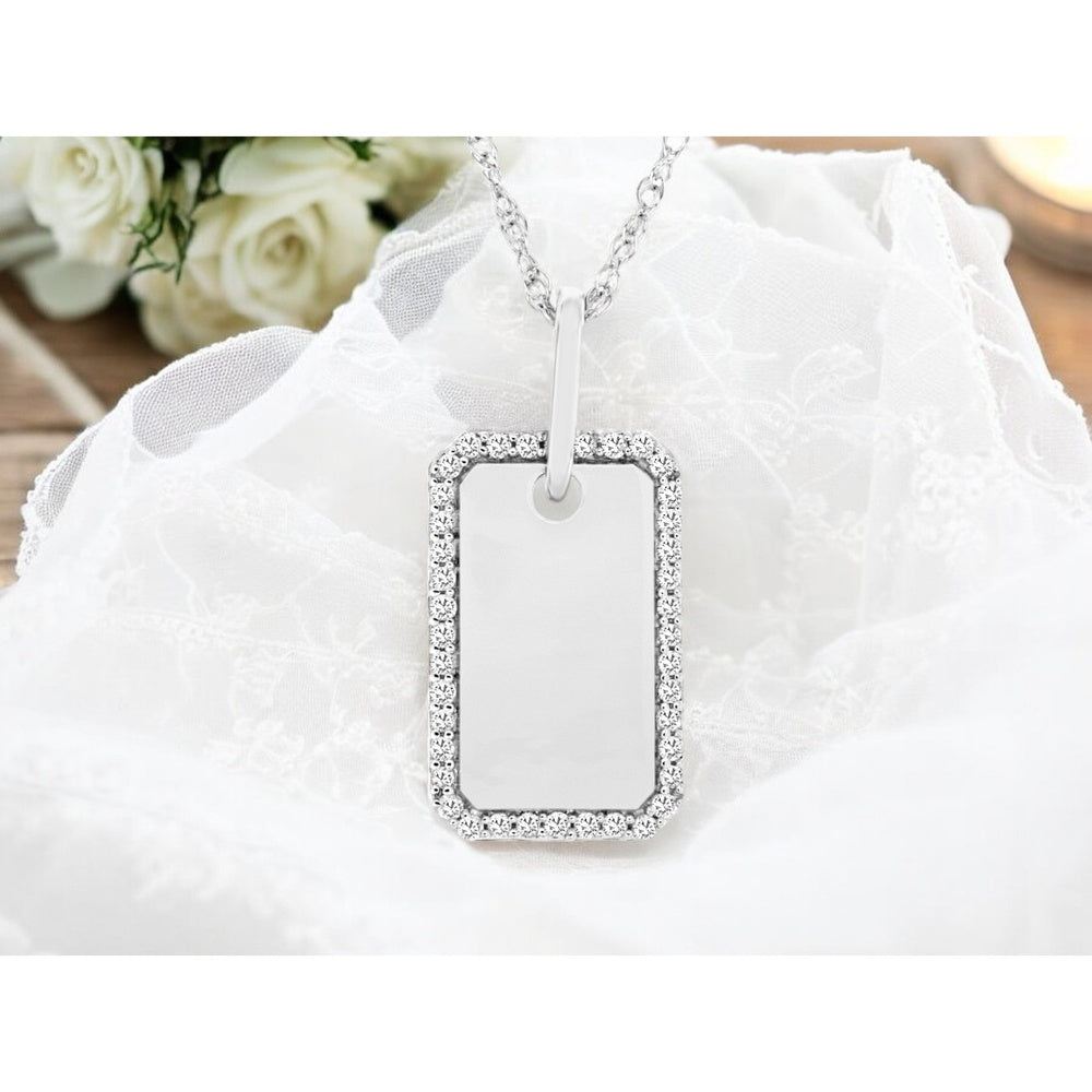 14K White Gold Dog Tag Pendant with Halo-Set Round Diamonds - 0.16 Carat Total Diamond Weight - Royal Jewelry