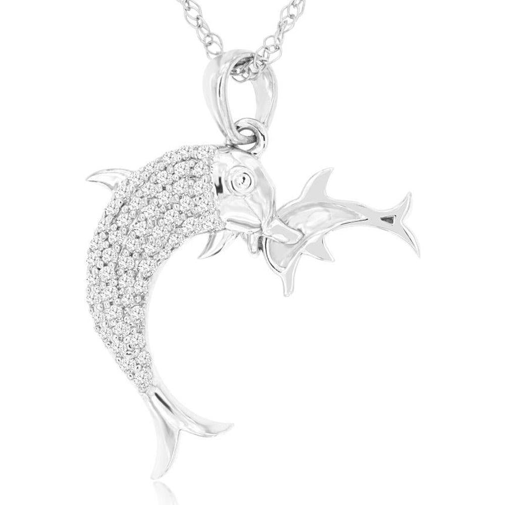 14K White Gold Dolphin and Fish Motif Diamond Pendant with Round Diamonds - 0.22 Carat Total Diamond Weight - Royal Jewelry