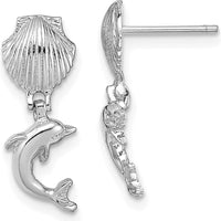 14K White Gold Dolphin Dangle Earrings with Mini Scallop Shell Detail by 0
