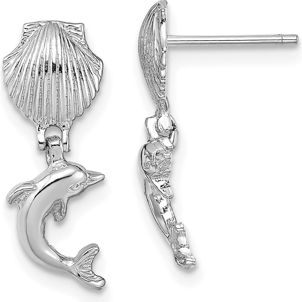 14K White Gold Dolphin Dangle Earrings with Mini Scallop Shell Detail by 0