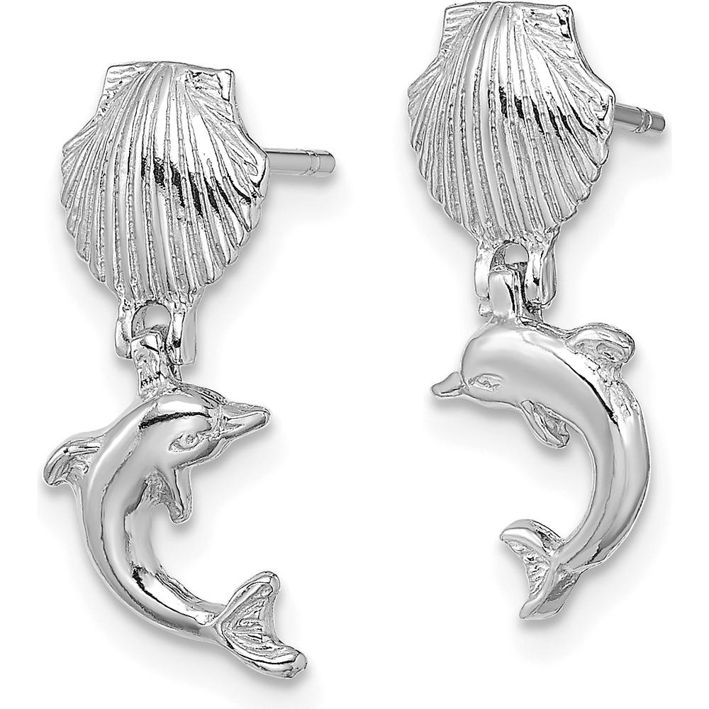 14K White Gold Dolphin Dangle Earrings with Mini Scallop Shell Detail by 0