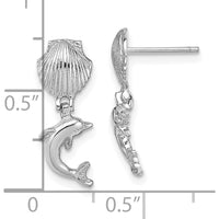 14K White Gold Dolphin Dangle Earrings with Mini Scallop Shell Detail by 0