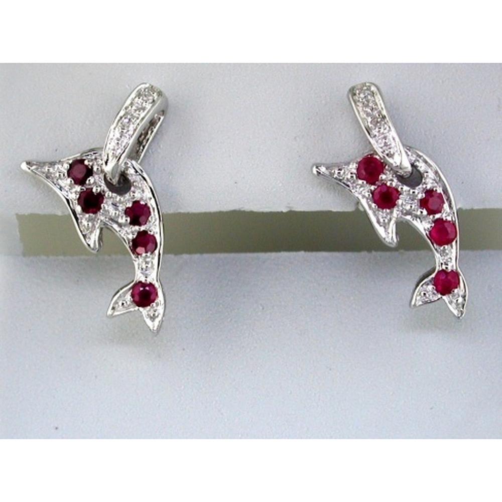 14K White Gold Dolphin Earrings with Round Rubies and Round Diamond Accents - 0.37 Carat Total Ruby Weight, 0.02 Carat Total Diamond Weight - Royal Jewelry