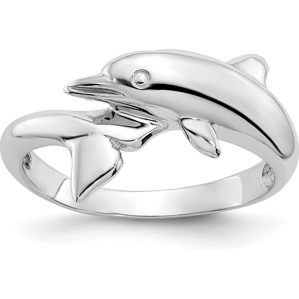 14K White Gold Dolphin Ring with Rhodium Plating and Tapered Band - Solid Casted Design by Oro Pregiato