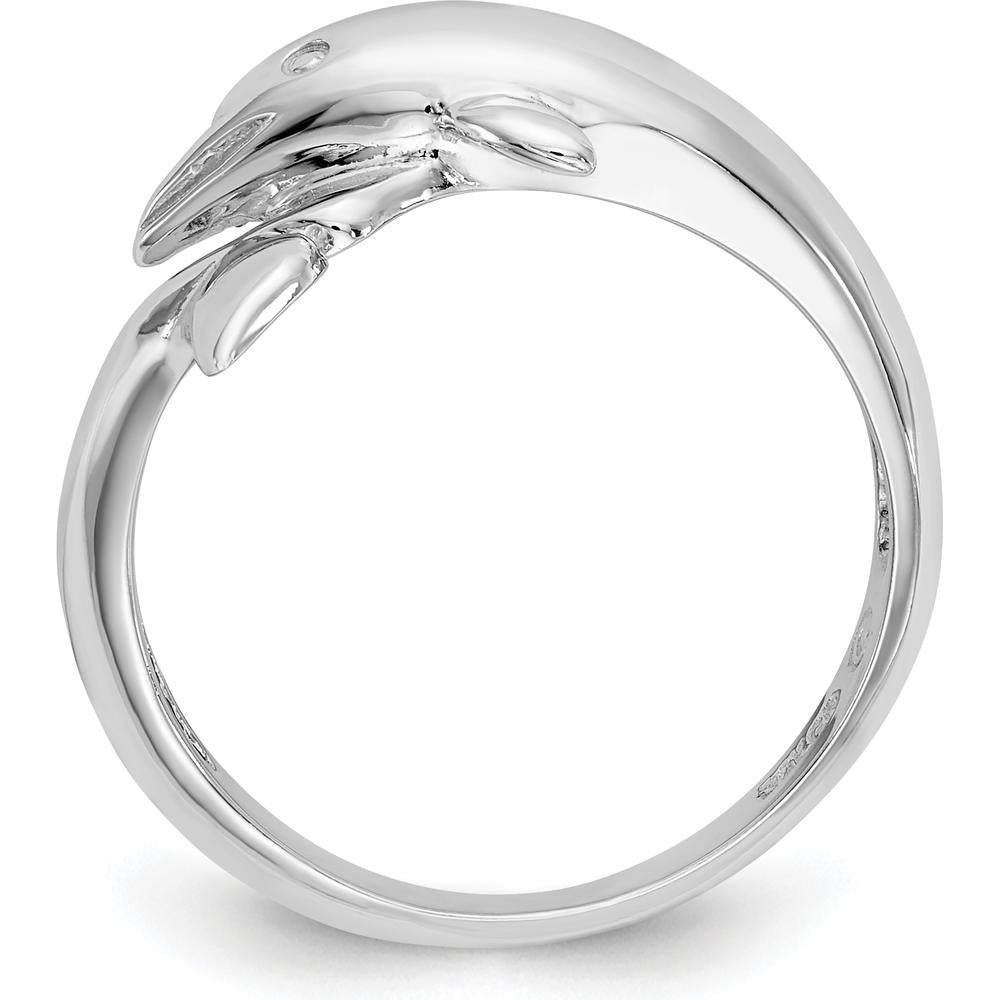14K White Gold Dolphin Ring with Rhodium Plating and Tapered Band - Solid Casted Design by Oro Pregiato