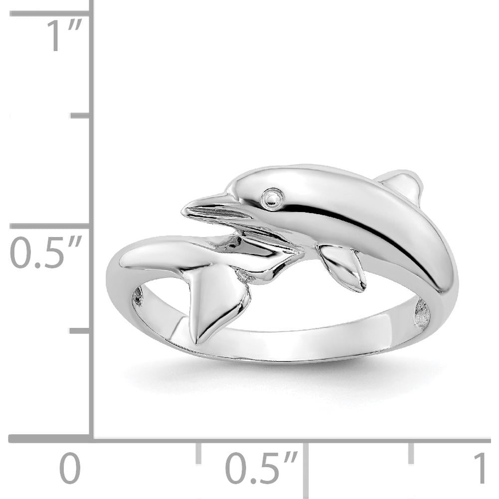 14K White Gold Dolphin Ring with Rhodium Plating and Tapered Band - Solid Casted Design by Oro Pregiato