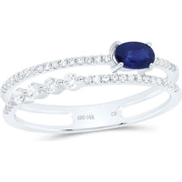 14K White Gold Double Band Ring with Oval Blue Sapphire - 0.48 Carat and Round Diamonds - 0.20 Carat Total Weight