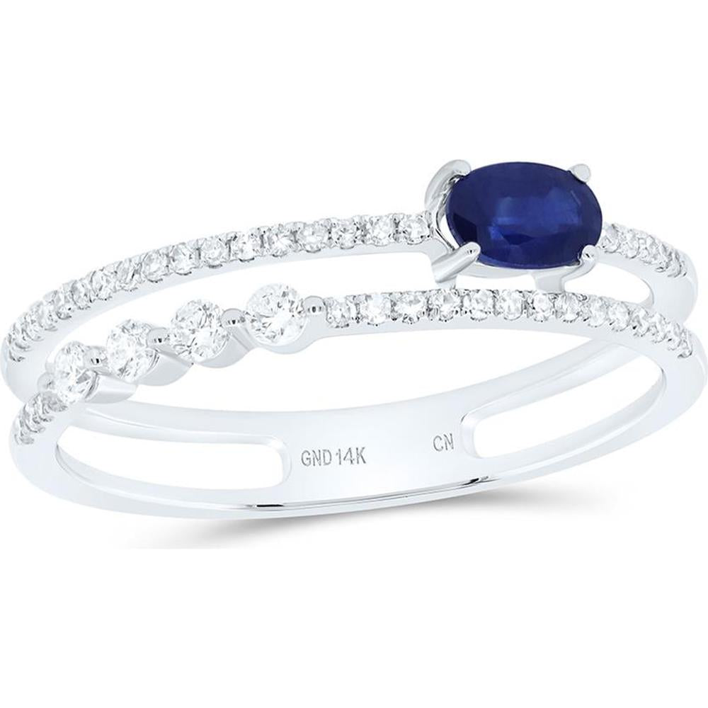 14K White Gold Double Band Ring with Oval Blue Sapphire - 0.48 Carat and Round Diamonds - 0.20 Carat Total Weight