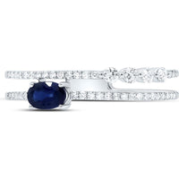 14K White Gold Double Band Ring with Oval Blue Sapphire - 0.48 Carat and Round Diamonds - 0.20 Carat Total Weight
