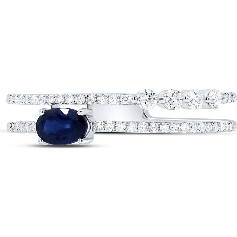 14K White Gold Double Band Ring with Oval Blue Sapphire - 0.48 Carat and Round Diamonds - 0.20 Carat Total Weight