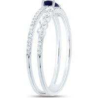 14K White Gold Double Band Ring with Oval Blue Sapphire - 0.48 Carat and Round Diamonds - 0.20 Carat Total Weight