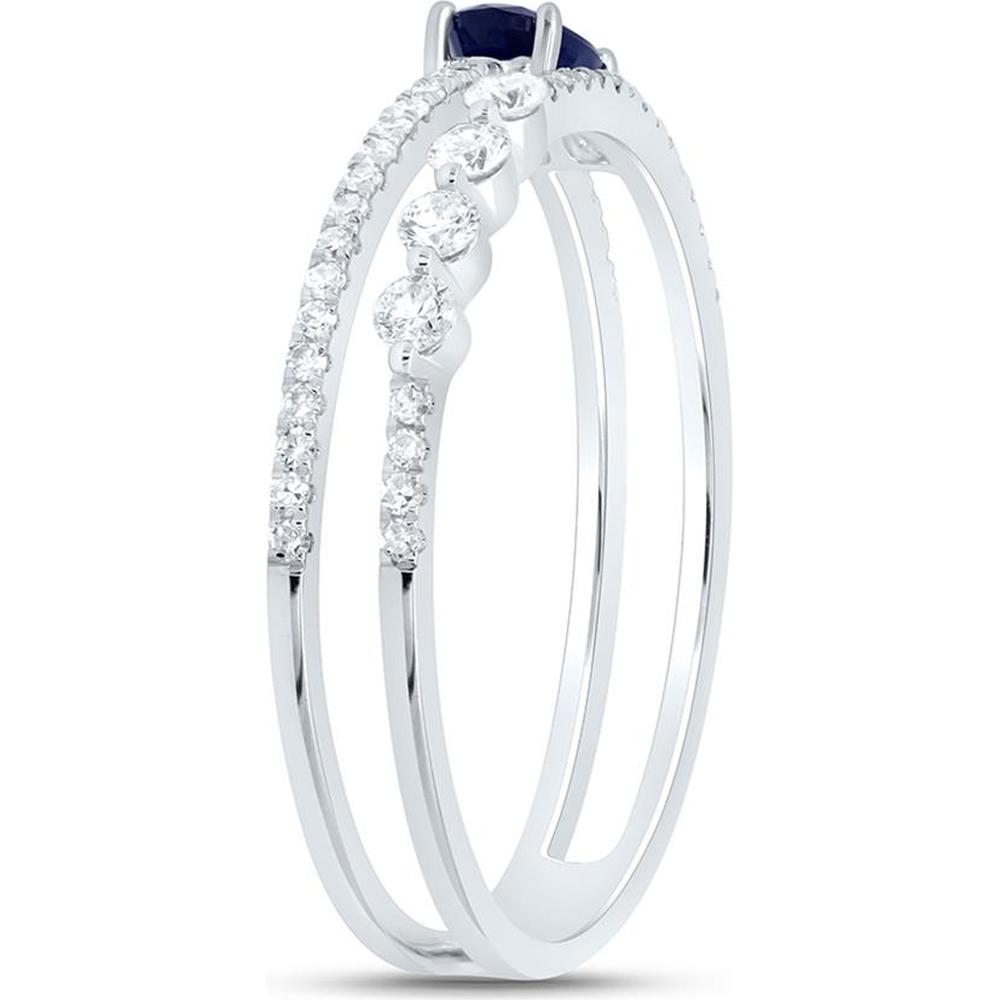 14K White Gold Double Band Ring with Oval Blue Sapphire - 0.48 Carat and Round Diamonds - 0.20 Carat Total Weight