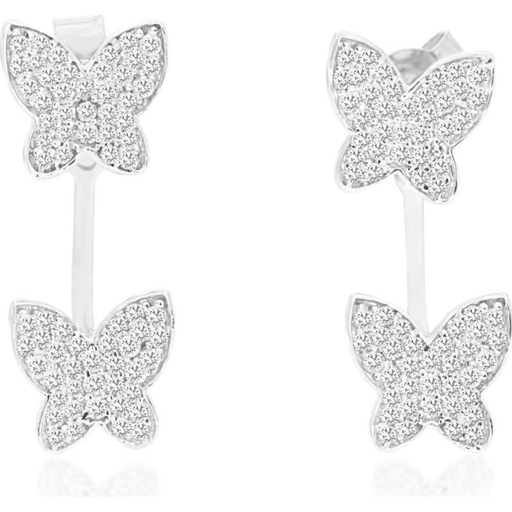 14K White Gold Double Butterfly Drop Earrings with Pavé Set Round Diamonds - 0.50 Carat Total Diamond Weight - Royal Jewelry