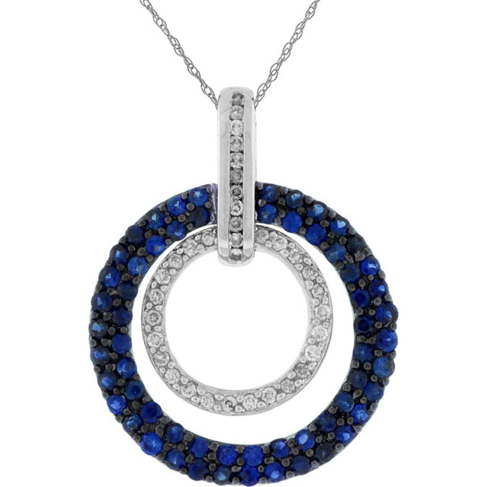14K White Gold Double Circle Pendant with Round Blue Sapphires and Round Diamonds - 1.25 Carat Total Sapphire Weight, 0.20 Carat Total Diamond Weight - Royal Jewelry