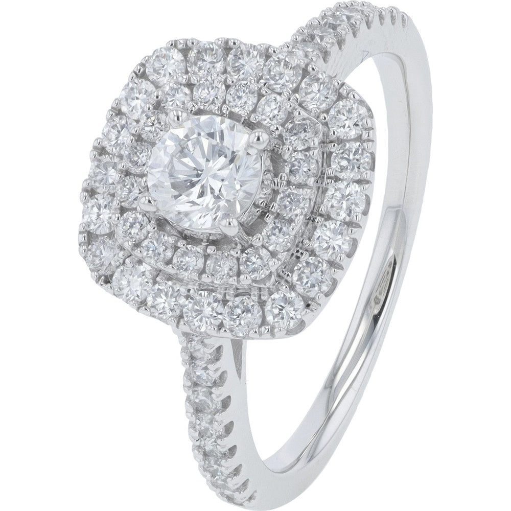 14K White Gold Double Cushion Halo Engagement Ring with Round Lab-Grown Center Diamond - 1.00 Carat Total Diamond Weight