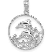 14K White Gold Double Dolphin Circle Pendant with Rhodium Plating by Oro Pregiato