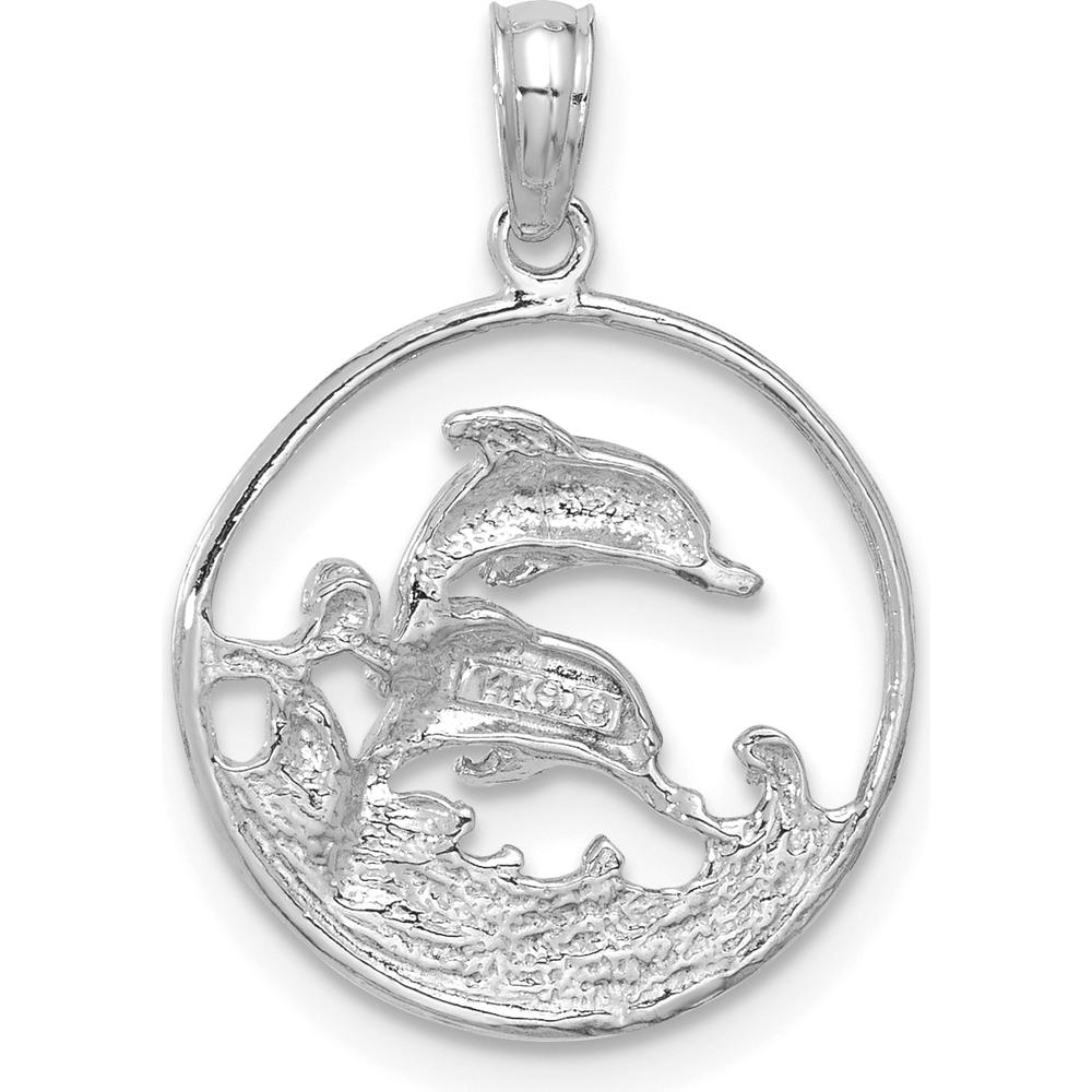 14K White Gold Double Dolphin Circle Pendant with Rhodium Plating by Oro Pregiato