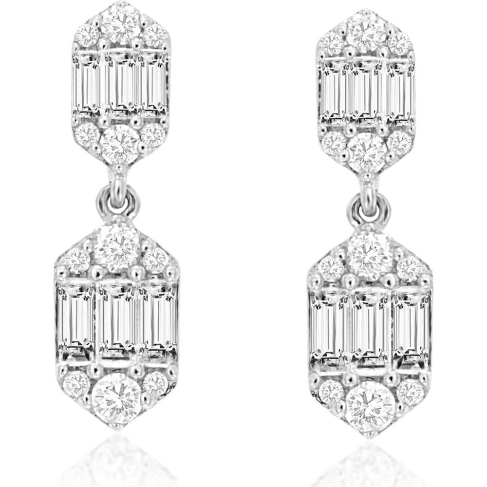 14K White Gold Double-Drop Earrings with Baguette and Round Diamonds - 0.39 Carat Total Diamond Weight - Royal Jewelry