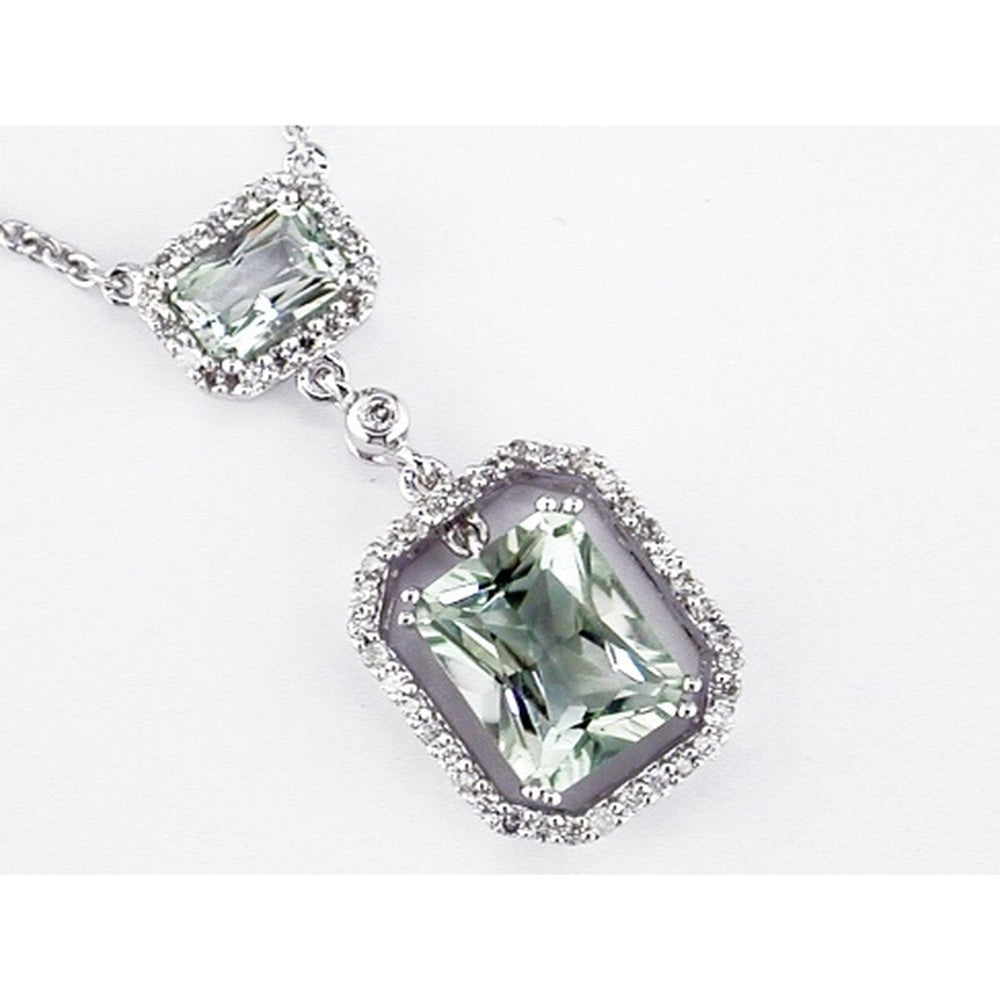 14K White Gold Double-Drop Emerald Cut Green Amethyst Pendant with Round Diamond Halos - 2.80 Carat Green Amethyst and 0.30 Carat Total Diamond Weight - Royal Jewelry