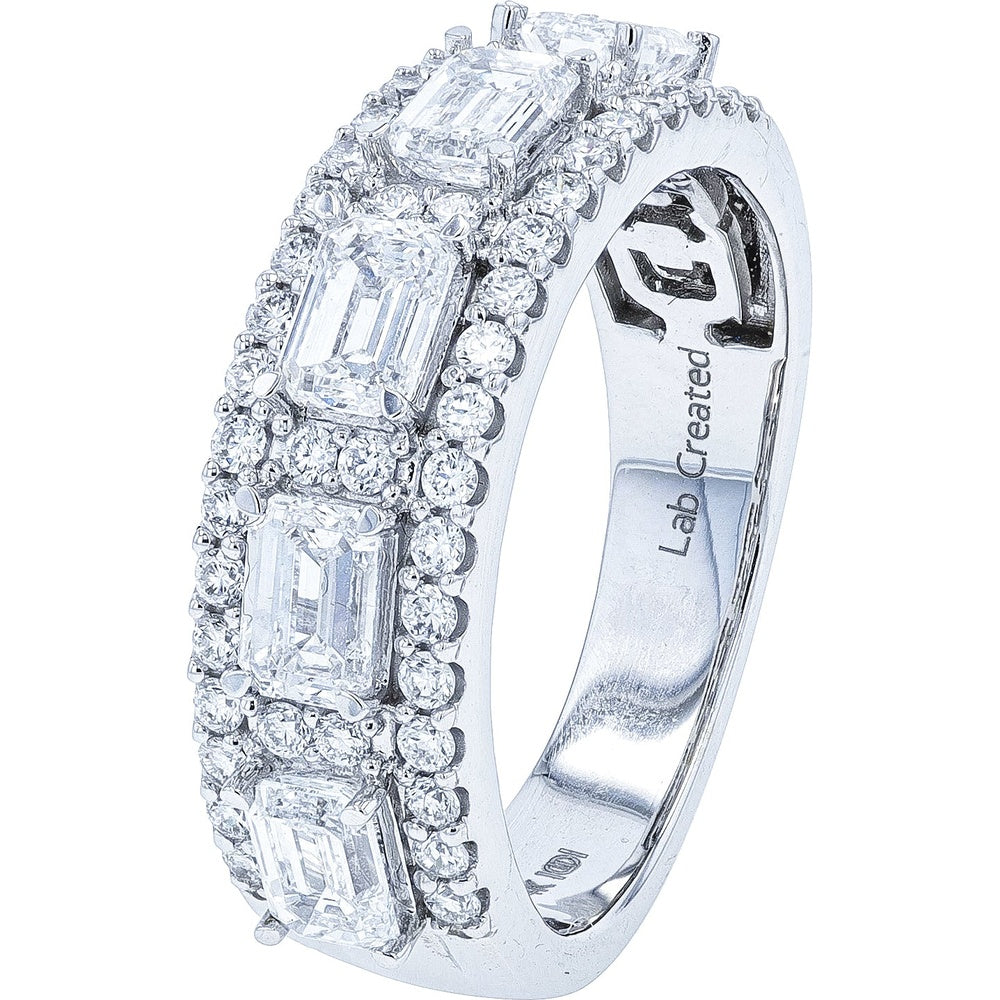 14K White Gold Double Halo Band with Emerald-Cut and Round Lab Grown Diamonds - 2.00 Carat Total Diamond Weight