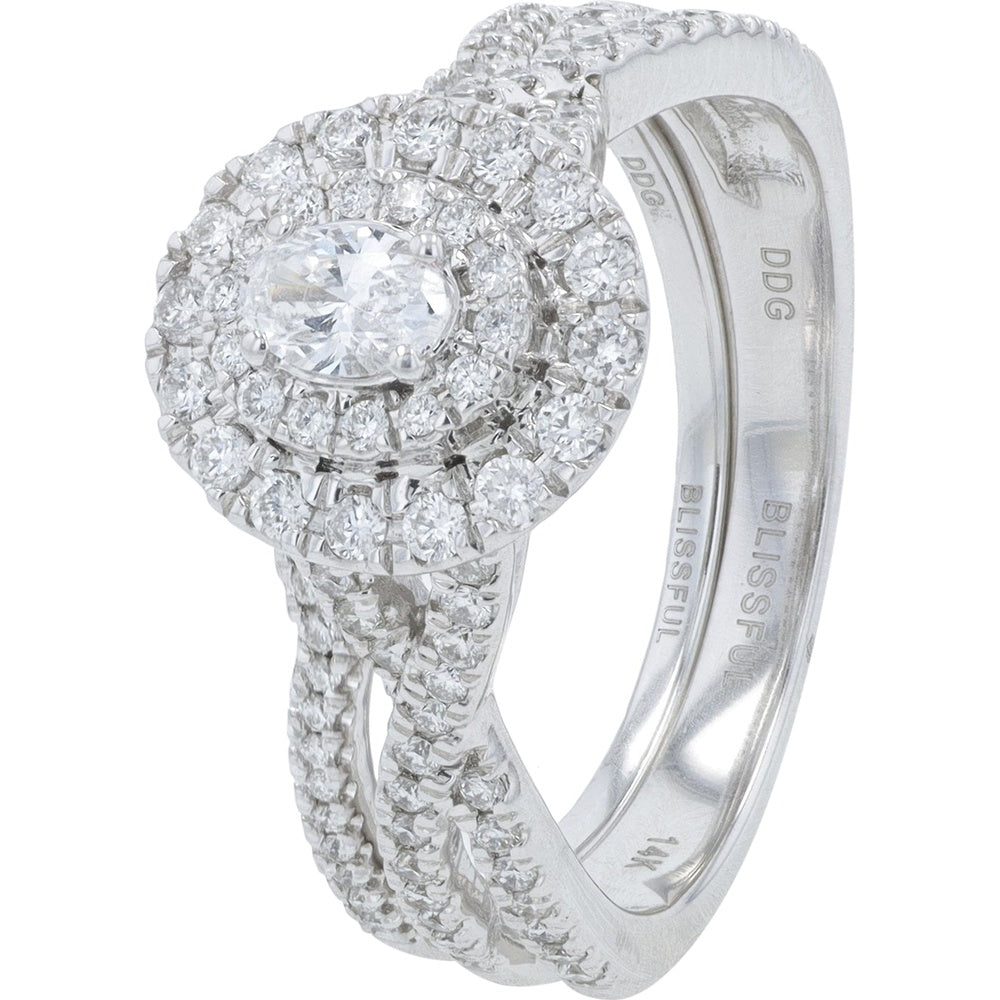 14K White Gold Double Halo Bridal Set with Oval Center and Split Shank Diamonds - 0.76 Carat Total Diamond Weight