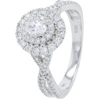 14K White Gold Double Halo Bridal Set with Oval Center and Split Shank Diamonds - 0.76 Carat Total Diamond Weight