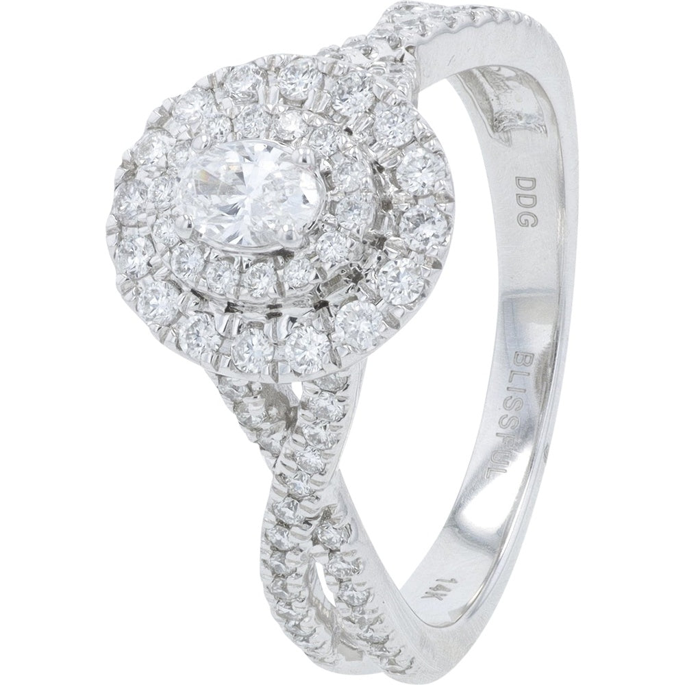 14K White Gold Double Halo Bridal Set with Oval Center and Split Shank Diamonds - 0.76 Carat Total Diamond Weight