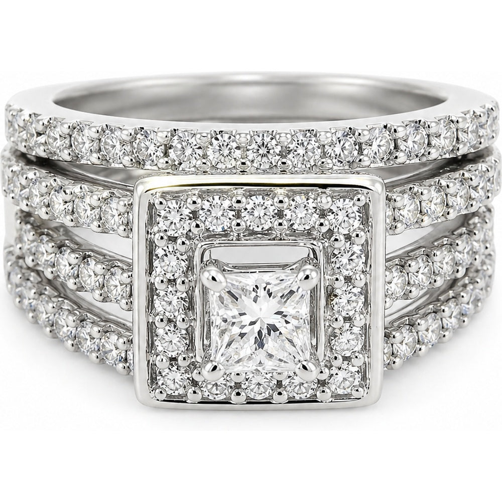 14K White Gold Double Halo Bridal Set with Princess-Cut and Round Diamonds - 1.10 Carat Total Diamond Weight by Auriventus