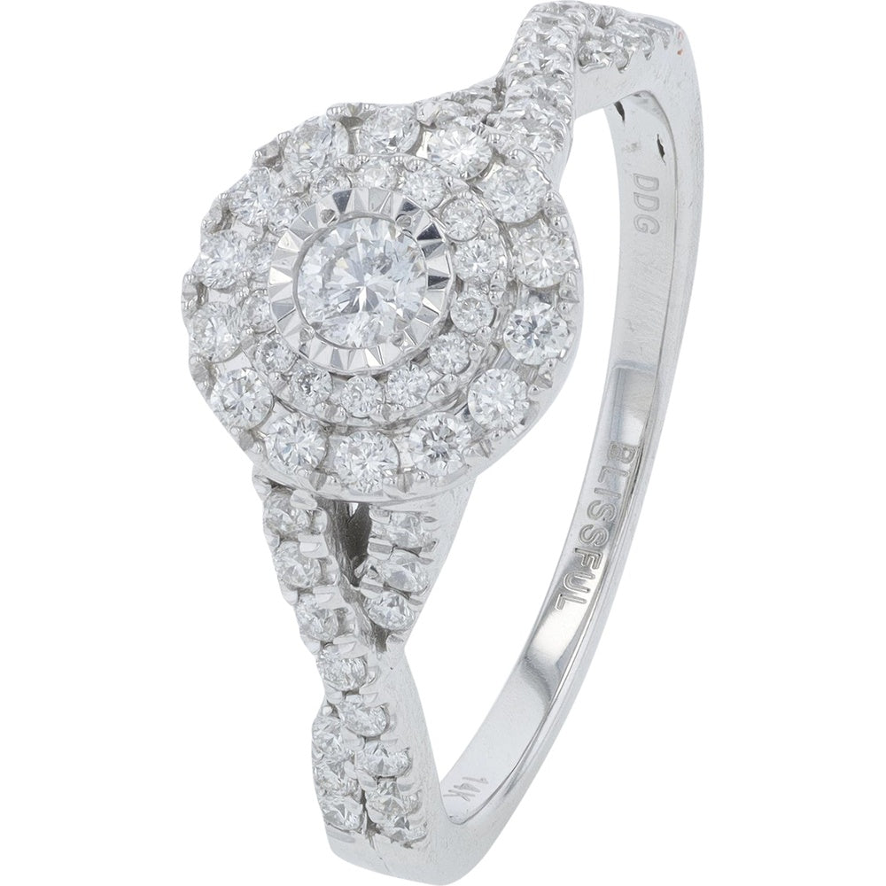 14K White Gold Double Halo Bridal Set with Round Diamond and Intertwined Accented Shank - 0.63 Carat Total Diamond Weight