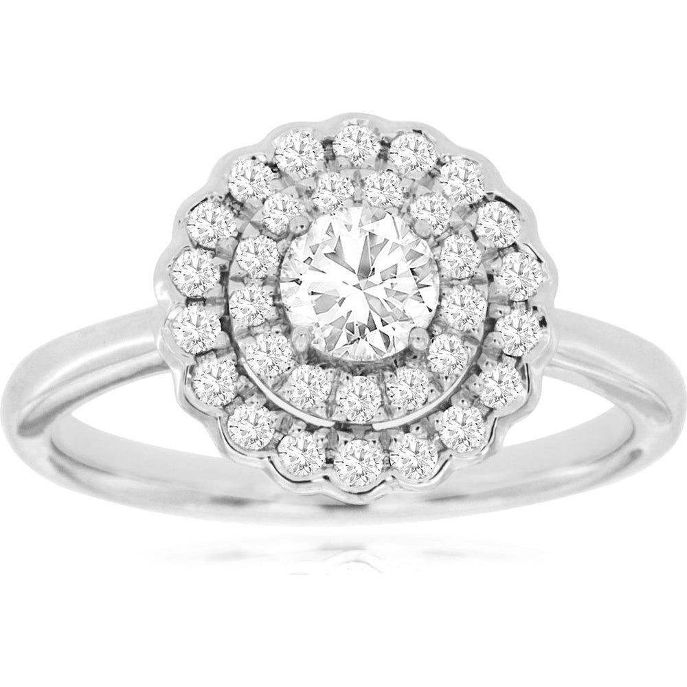 14K White Gold Double Halo Diamond Engagement Ring with 0.42 Carat Round Brilliant Center Diamond and 0.36 Carat Total Accent Diamonds - Royal Jewelry