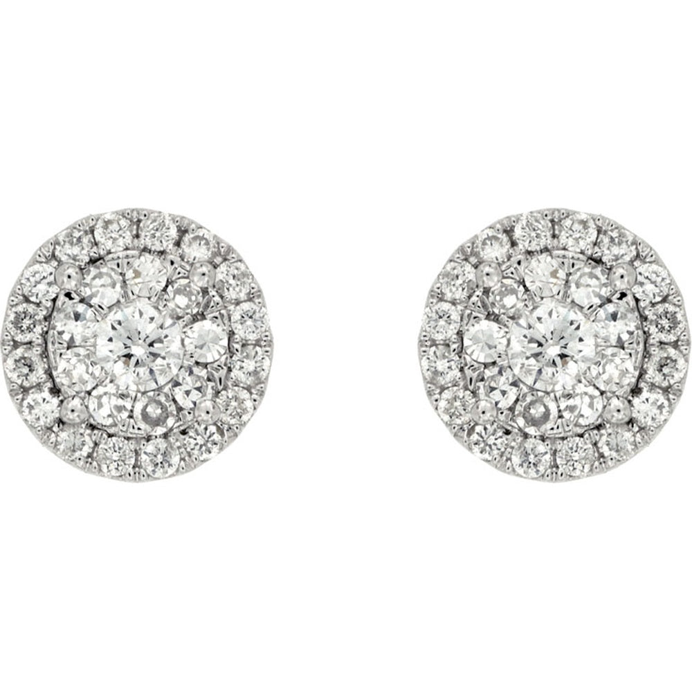 14K White Gold Double Halo Diamond Stud Earrings with Round Brilliant Cut Diamonds - 0.87 Carat Total Diamond Weight - Royal Jewelry
