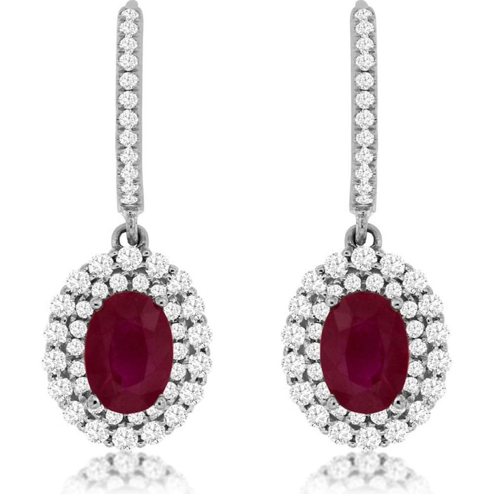 14K White Gold Double Halo Drop Earrings with Oval Rubies and Round Diamonds - 1.80 Carat Total Ruby Weight and 0.85 Carat Total Diamond Weight - Royal Jewelry