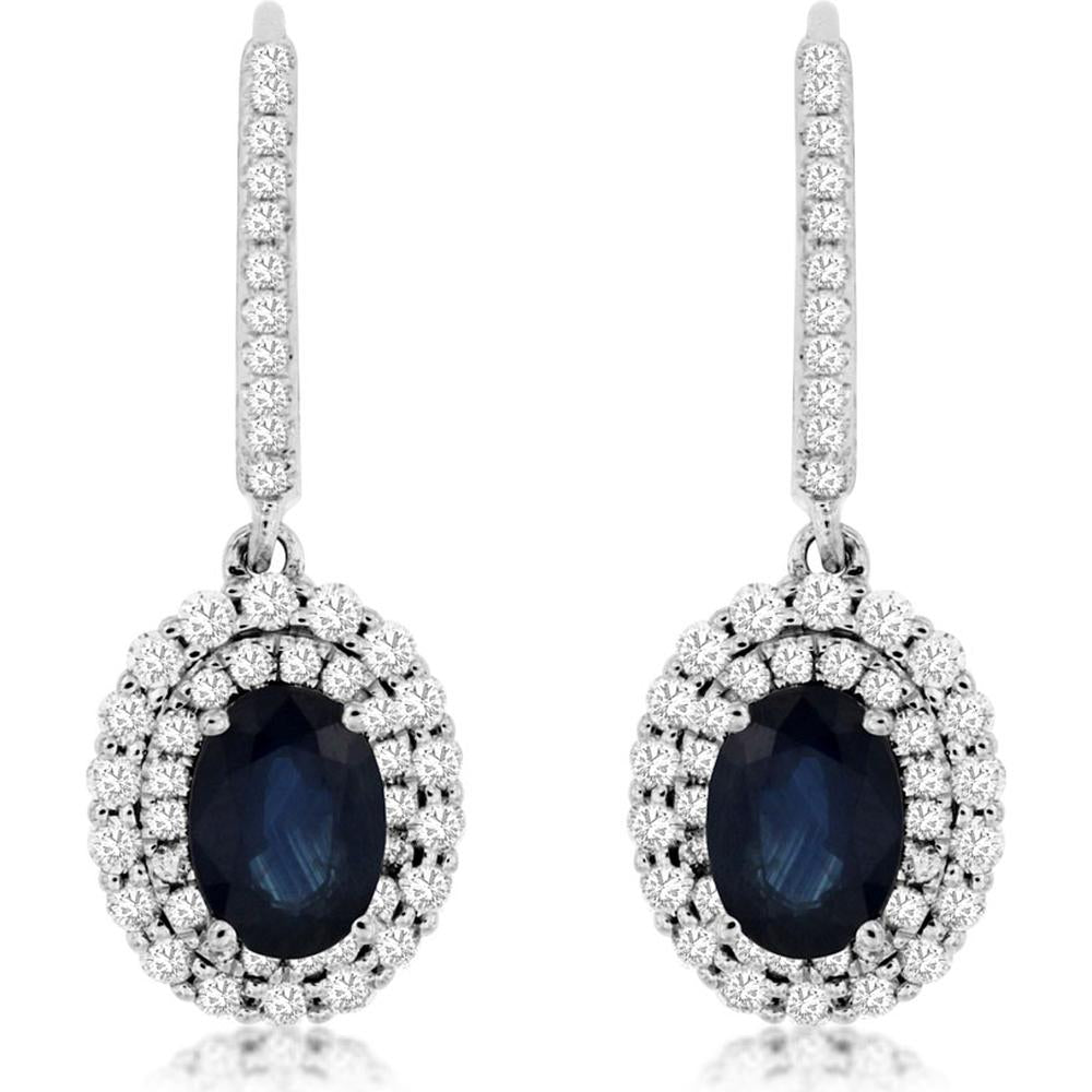 14K White Gold Double Halo Drop Earrings with Oval Sapphires and Round Diamonds – 2.00 Carat Total Sapphire Weight & 0.85 Carat Total Diamond Weight - Royal Jewelry