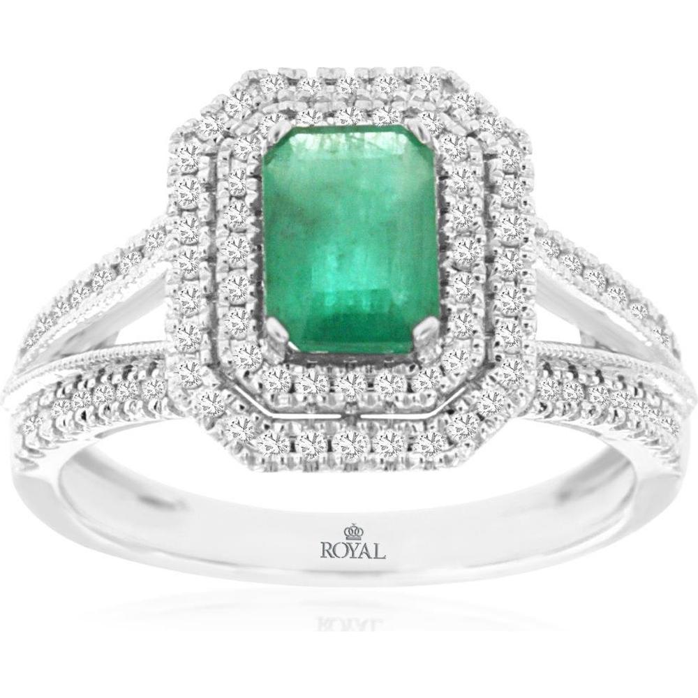 14K White Gold Double Halo Emerald Cut Emerald Ring with Pave Set Round Diamonds - 1.00 Carat Emerald & 0.40 Carat Diamond Total Weight - Royal Jewelry