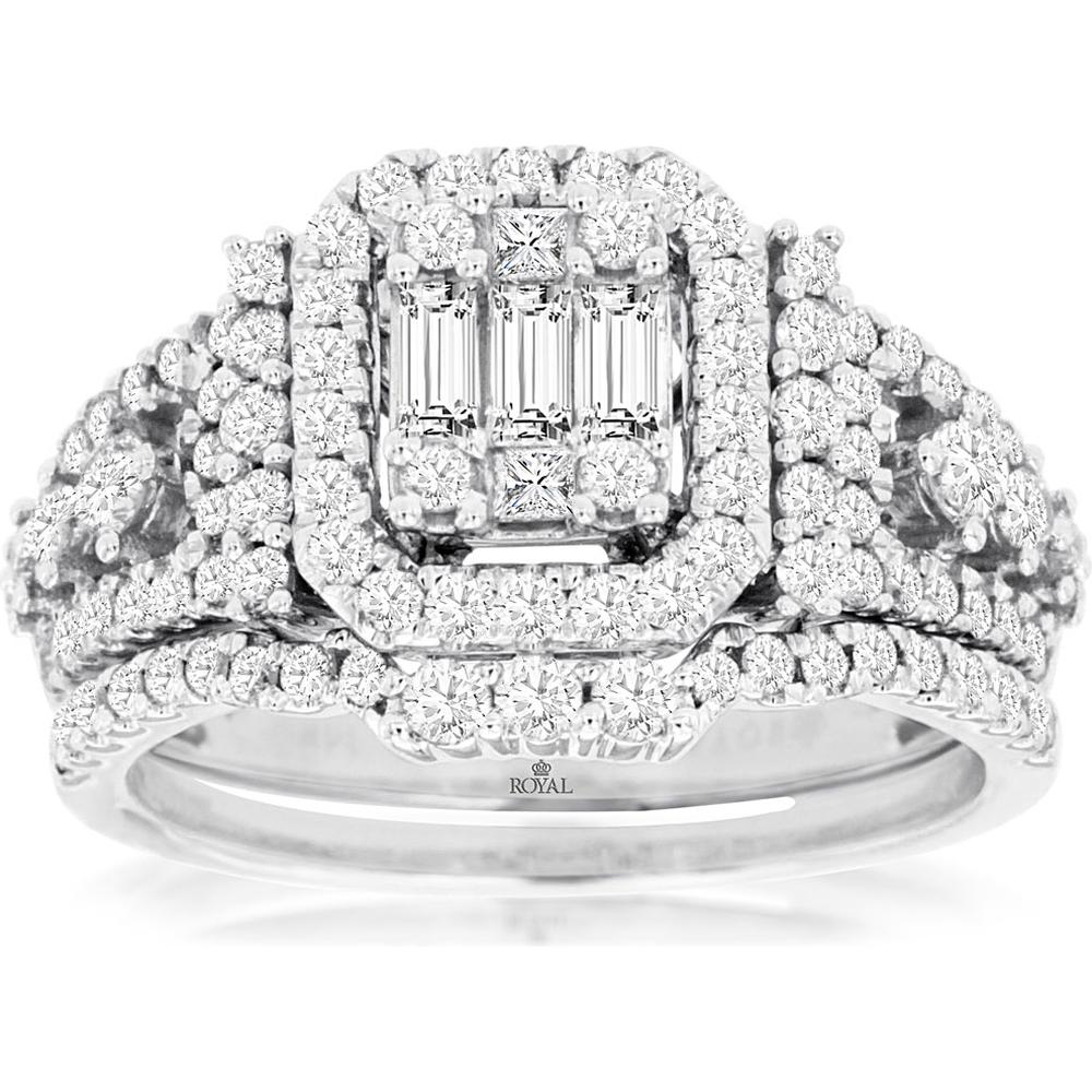 14K White Gold Double Halo Engagement and Wedding Bridal Set with Baguette and Princess Cut Diamond Cluster - 1.25 Carat Total Diamond Weight - Royal Jewelry