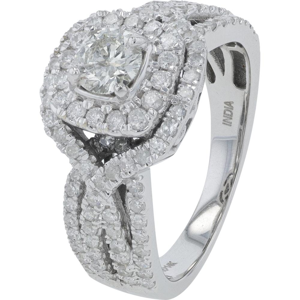 14K White Gold Double Halo Engagement Ring with 0.38 Carats Round Diamond Center and 1.25 Carats Total Diamond Weight