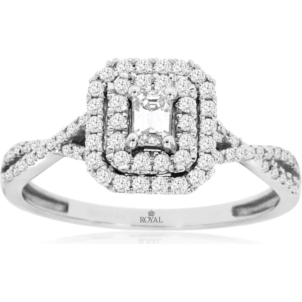 14K White Gold Double Halo Engagement Ring with 0.50 Carat Emerald Cut Center Diamond and Round Diamond Accents on Split Shank with Milgrain Detail - Royal Jewelry