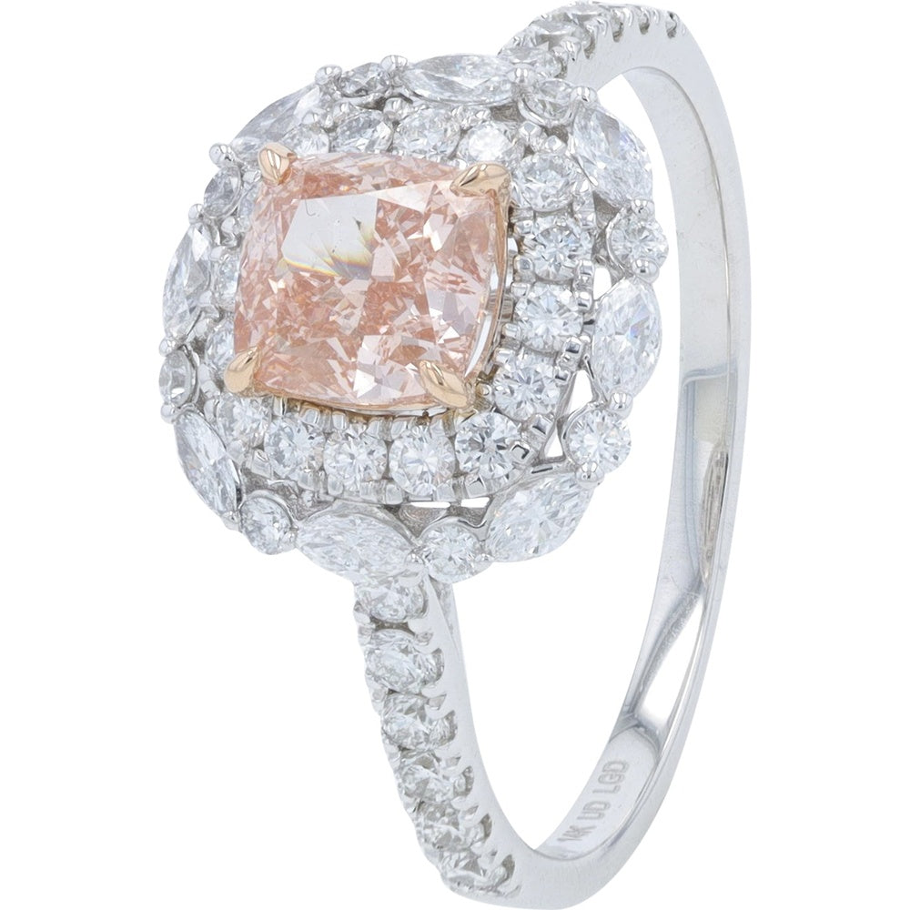 14K White Gold Double Halo Engagement Ring with 1.00 Carat Cushion-Cut Pink Lab Grown Diamond and Marquise Outer Halo - 1.75 Carat Total Diamond Weight