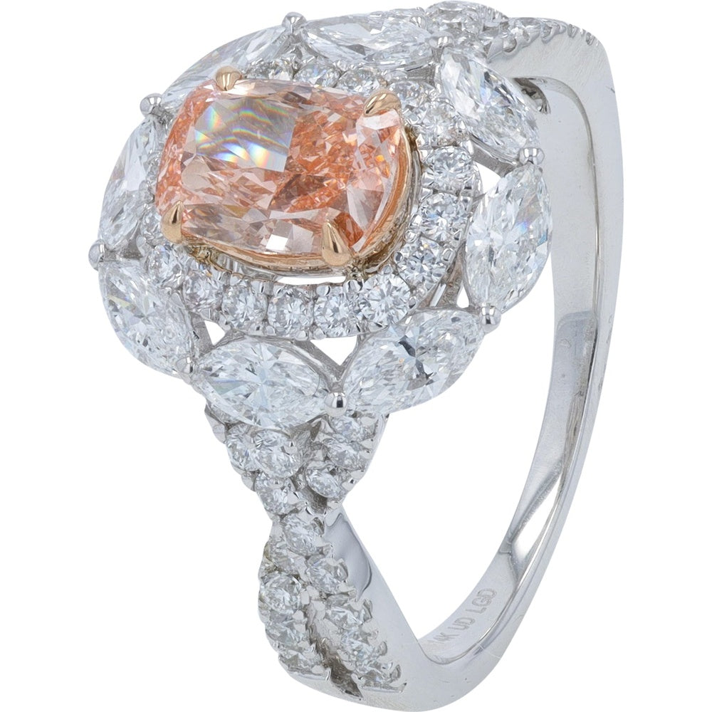 14K White Gold Double Halo Engagement Ring with 1.10 Carat Pink Cushion Lab Grown Diamond and Marquise Accents - 2.50 Carat Total Diamond Weight