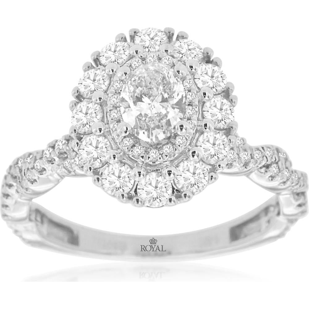 14K White Gold Double Halo Engagement Ring with 1.23 Carat Oval Cut Center Diamond and Pavé Set Twisted Shank - Royal Jewelry