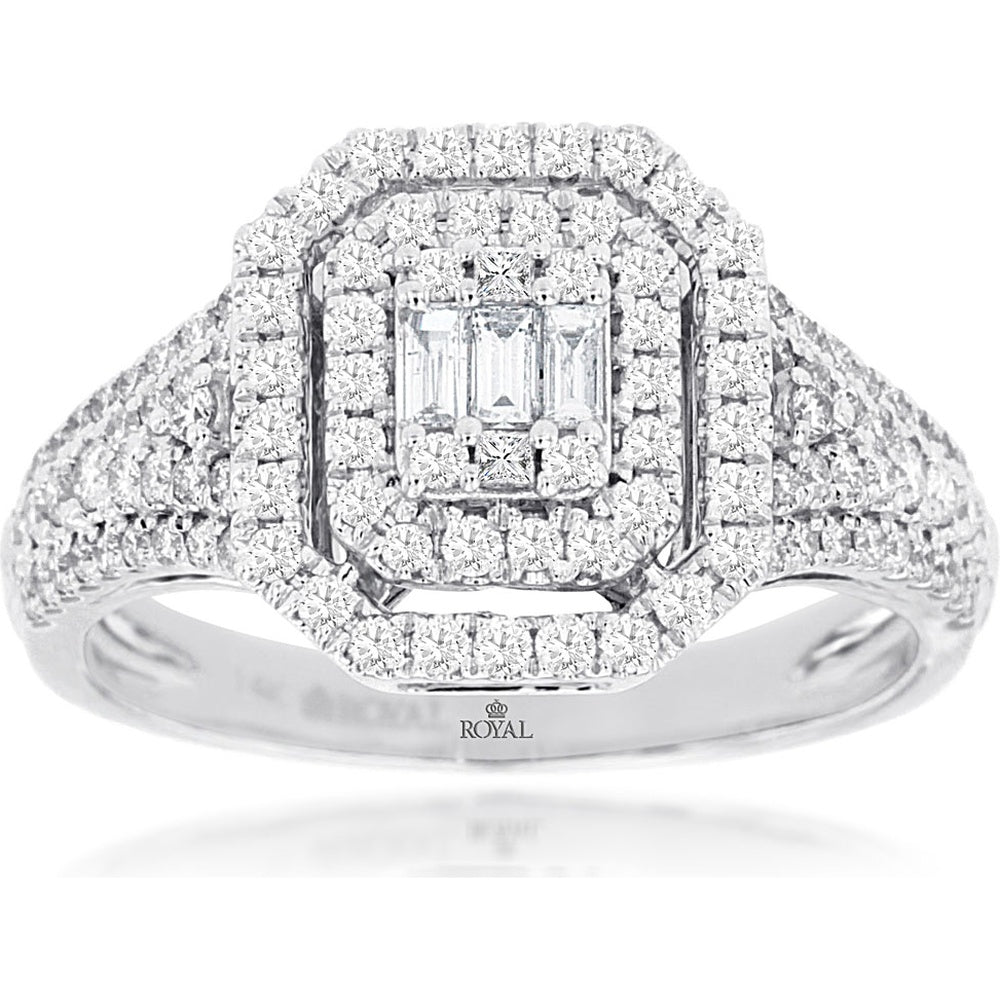 14K White Gold Double Halo Engagement Ring with Baguette and Round Brilliant Cut Diamonds - 0.70 Carat Total Diamond Weight - Royal Jewelry